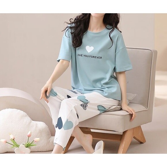 Cotton Women’s Pajama Set 2 Pcs Short Sleeve Pullover Top Sleepwear Long PJ Pant - Picture 8 of 10